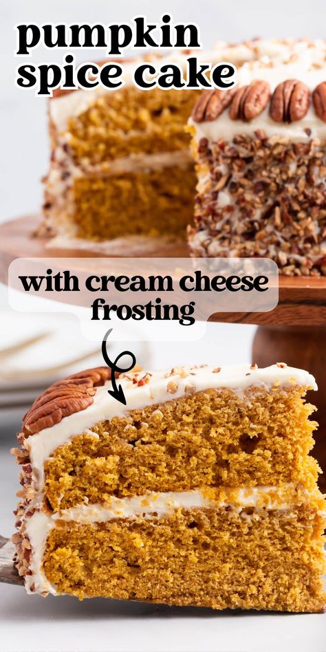 An Amish recipe for layered Pumpkin Spice Cake with cream cheese frosting. This completely from-scratch cake is decorated chopped pecans. Pumpkin Spiced Cakes, Pumpkin Spice Cake Cream Cheese Frosting, Pumpkin Pecan Cake Recipes, Pumpkins Spice Cake, Pumpkin Spice Cake With Cream Cheese, Pumpkin Spice Layer Cake, Spice Pumpkin Cake, Pumpkin Cake Recipes From Scratch, Pumpkin Cake With Cream Cheese Frosting