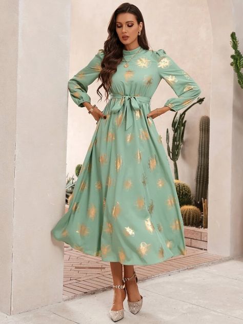 Gold Floral, Women Dresses, Belted Dress, Spring And Fall, Dress P, All Over Print, Mint Green, Puff Sleeve, Wrap Dress