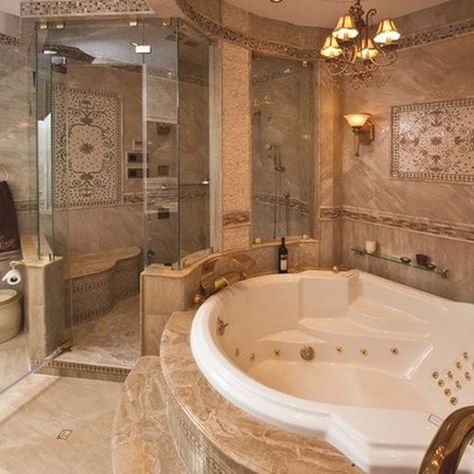 50 Amazing Bathroom Bathtub Ideas - Don't like the overly ornate decor, but love the jetted tub and huge walk-in shower! Modern Spa Bathroom, Drømme Bad, Spa Bathroom Design, Bilik Air, Luxury Master Bathrooms, Jacuzzi Tub, Penthouse Apartment, Bathroom Spa, Bathroom Design Luxury