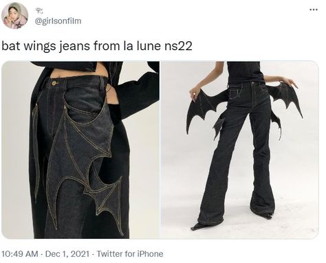 Bat Wing Pants, Bat Wing Jeans, Y2k Vampire Outfit, Gender Fluid Prom Outfit, Bat Jeans, Bat Pants, Alt Clothes Diy, Bat Wing, Cool Fits