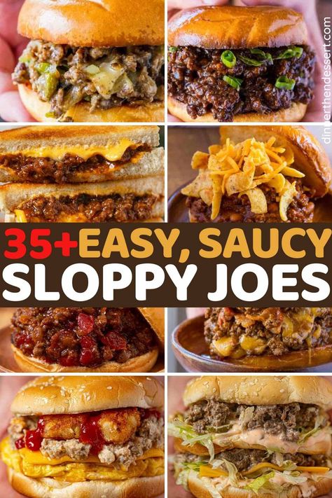 Collage of Sloppy Joes with title across middle Ways To Use Ground Beef, Sloppy Joes Recipes, Sloppy Joe Recipes, Cheeseburger Sloppy Joes, Bbq Sloppy Joes, Easy Sloppy Joes, Chicken Sloppy Joes, Grilled Cheese Sloppy Joe, Sloppy Joe Recipe Easy