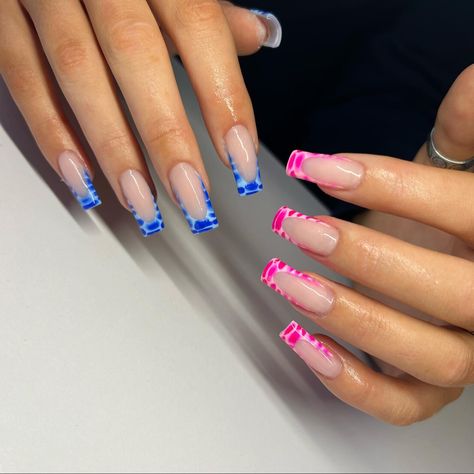 Pink And Blue Nail Inspiration, Blue Nails Inspiration Summer, Blue Acrylic Nail Designs Ideas, Pink With Blue Nails, Croc Print Nail Design, Pink And Blue Acrylics, Pink And White Croc Nails, Pink And Blue Nail Ideas, Blue Croc Nail Design