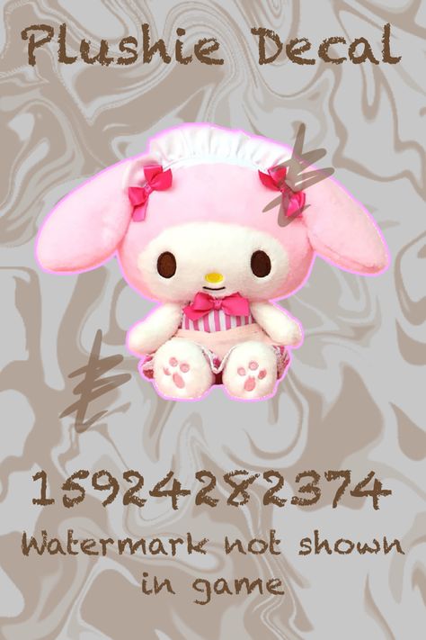 Bloxburg Plushie Decal! Let me know if the code does not work properly. Bloxburg Kawaii Room, Bloxburg Kawaii Decal Codes, Bloxburg Decals Codes Plushies, My Melody Bloxburg Codes, My Melody Decals Bloxburg, Cutecore Bloxburg Decals, Kawaii Bloxburg Decals, Bloxburg Plushie Decals, Sanrio Decals Bloxburg