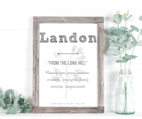 This is a printable name sign for the name meaning Landon. It is an instant download. Jacob Name Meaning, Jacob Name, Baby Name Meaning, Boys Names, Custom Name Sign, Baby Names And Meanings, Baby Name Signs, Name Meaning, Nursery Signs