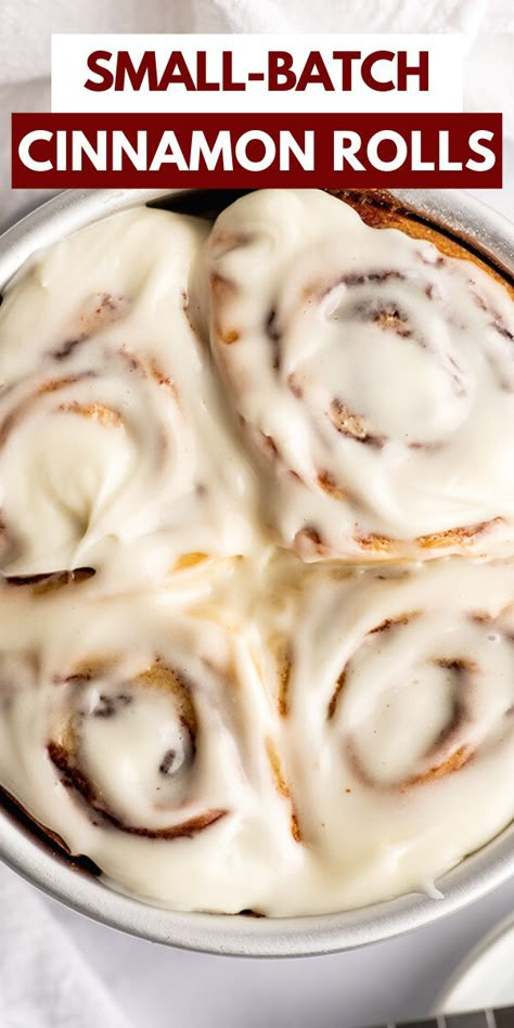 These small-batch Cinnamon Rolls are an indulgent breakfast for two with outrageously good cream cheese frosting. Easy Bakes, Homemade Cinnamon Rolls Easy, Cinnamon Roll Frosting, Cinnamon Rolls From Scratch, Cinnamon Roll Icing, Rolls Homemade, Fluffy Cinnamon Rolls, Rolls Easy, Vegan Cinnamon Rolls