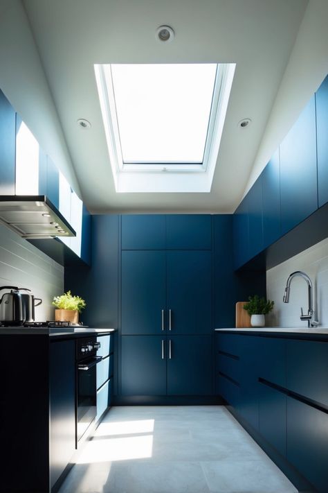 A sleek navy kitchen bathed in sunlight from a skylight, featuring modern navy cabinets and contemporary stainless steel appliances, showcasing a recent design trend. Navy Kitchen Cabinets, White Upper Cabinets, Navy Cabinets, Navy Kitchen, Two Tone Cabinets, Kitchen Cabinet Ideas, Cabinet Designs, Stone Backsplash, Sleek Kitchen