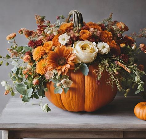 Halloween Flower Arrangements Florists, Autumn Arrangements Floral Design, Pumpkin And Flower Centerpieces, Pumpkin With Flowers Centerpiece, Pumpkin Flower Vase, Pumpkin Decorating Flowers, Autumn Flower Decorations, Pumpkin Vase With Flowers, Pumpkin Decorating With Flowers