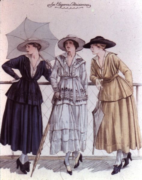 Day dresses, 1910's. During, and at the end of, WWI, the barrel silhouette or "tonneau" look came into fashion, typified by a baggy dress/jacket combination that made women look large and somewhat droopy in the chest. The skirts had risen to the ankle or slightly higher, but were still quite full. Late 2000s Fashion, Women In Dresses, Jeanne Paquin, Fashion 1910, Madeleine Vionnet, Baggy Dresses, Audrey Tautou, 1910s Fashion, Fashion Illustration Vintage