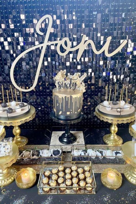 Check out this dazzling Art Deco-themed 60th birthday party! Love the dessert table! See more party ideas and share yours at CatchMyParty.com Masculine Birthday Party Ideas, 40th Birthday Party Men, Masculine Birthday Party, 60th Birthday Party Themes, Gin Party, Art Deco Birthday, Vintage Party Ideas, Bday Celebration, Party Cake Table