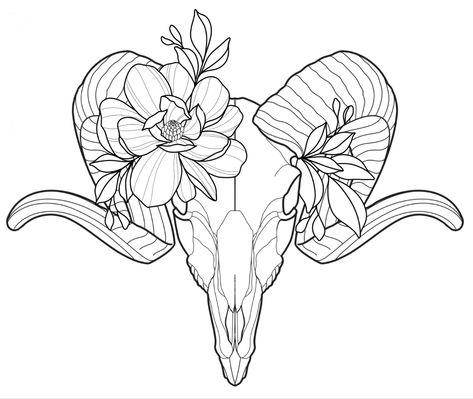 Lamb Skull Tattoo, Half Bull Skull Half Flower Tattoo, Buck Skull Drawing, Ram Skull Tattoo Feminine, Sheep Skull Tattoo, Bull Skull Mandala Tattoo, Ram Skull Tattoo Design, Animal Skull Tattoo Flowers, Ram Skull Drawing