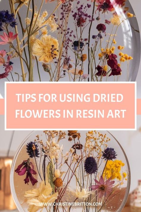 Explore the beauty of resin art combined with delicate dried flowers with our helpful guide. Learn how to create stunning resin wall art or unique jewelry pieces using dried flowers in just 7 simple steps. Whether you're a beginner or looking for new craft ideas, this DIY tutorial is perfect for you. Discover tips and techniques on how to embed and preserve dried flowers in resin to make beautiful, one-of-a-kind creations. Resin Coasters Diy Dried Flowers, Dried Flowers Epoxy, Dried Flowers And Resin Ideas, Dried Flower Jewelry Diy, Resin Art Ideas Dried Flowers, How To Preserve Flowers In Resin, Flowers In Resin Diy, How To Make Resin Art, Preserving Dried Flowers