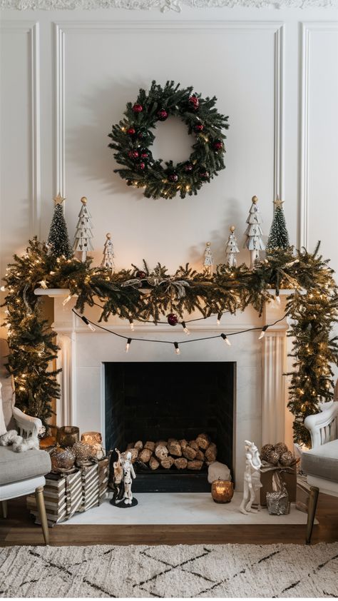 Cozy fireplace adorned with Christmas wreath, garland, and figurines. Simple Christmas Mantle, Christmas Decorations Mantle, Thanksgiving Living Room Decorations, Mantle Christmas Decor Ideas, Christmas Mantle Decorations, Mantle Christmas Decor, Decorations After Christmas, Mantle Decorating Ideas, Garland Fireplace