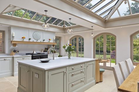 Kitchen Conservatory Extension, Conservatory Kitchen Ideas, Orangery Kitchen, Kitchen Orangery, Kitchen Conservatory, Conservatory Kitchen, Building A Kitchen, Garden Houses, Lots Of Windows