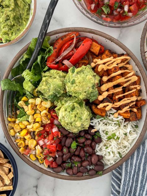 Vegan Burrito Bowls with Black Beans and Sweet Potatoes (gf) Vegan Burrito Bowl Meal Prep, Black Bean Veggie Bowl, Burrito Bowl Black Beans, Burrito Bowl Vegetarian Recipe, Burrito Bowl Salad, Hot Bowls Recipes, Lentil Burrito Bowl, Sweet Potato Avocado Bowl, Vegetarian Burger Bowl