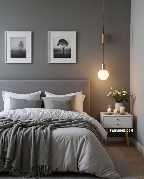 minimalist grey bedroom idea Grey Room Ideas Bedroom Men, Small Bedroom Grey Bed, Bedroom Colours Grey Bed, Light Grey Themed Bedroom, Bedroom Ideas Dark Grey Headboard, Bedroom Grey Feature Wall, Wooden And Grey Bedroom, Bedroom Inspo Grey Walls, Grey Scandinavian Bedroom