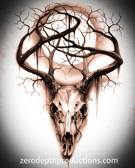 Night moon deer buck skull hunting hunter nature tree brances creepy horror full moom design art tattoo idea by Jackie Rabbit Decaying Deer Tattoo, Hunting Tattoo Stencil, Deer Skull Hand Tattoo, Buck Deer Tattoo, Mule Deer Skull Tattoo, Cailleach Tattoo, Deer Skull Back Tattoo, Stag Chest Tattoo, Animal Skull Hand Tattoo