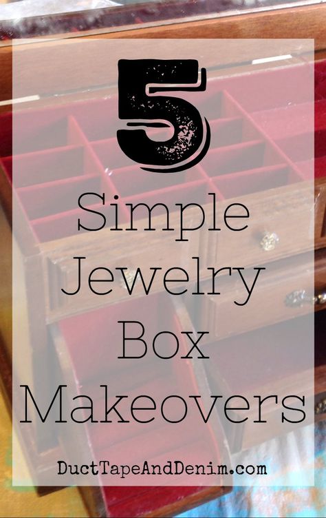 5 simple jewelry box makeovers on DuctTapeAndDenim.com  #jewelrybox #jewelryboxes #jewelryboxmakeover #jewelryboxmakeovers #thriftstorefinds #thriftstoremakeovers #DIY #upcycled #recycled #repurpose Simple Jewelry Box, Upcycle Jewelry Box, Wood Jewelry Diy, Armoire Makeover, Box Makeover, Jewelry Box Makeover, Vintage Jewelry Diy, Jewerly Displays, Jewerly Boxes