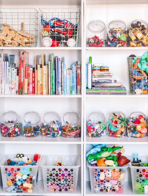 Toys On Bookcase, Tidy Playroom Ideas, Closet Shelves For Toys, Boys Toys Organization, Playroom Clean Out, Ikea Toy Shelves, Bookcase Organization Storage, Havsta Toy Storage, Toy Drawer Organization