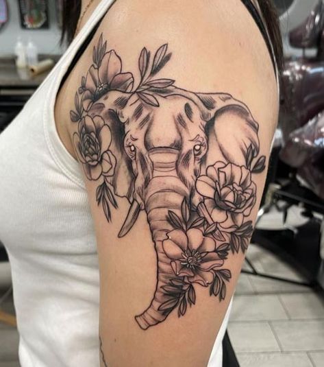 Elephant Flower Tattoo, Tiger Tattoo Thigh, Flower Arm Tattoo, Lillies Tattoo, Floral Elephant, Flower Tattoo Arm, Forearm Tattoo Women, Tattoo Shows, Traditional Tattoo Design