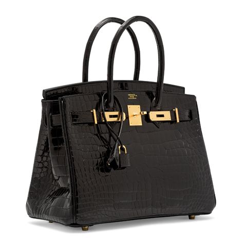 A SHINY BLACK POROSUS CROCODILE BIRKIN 30 WITH GOLD HARDWARE | HERMÈS, 2018 | 21st Century, bags | Christie's Croc Birkin, Birkin 30, Hermes Birkin, 21st Century, Gold Hardware, Dust Bag, Top Handle Bag, Cd, Textiles