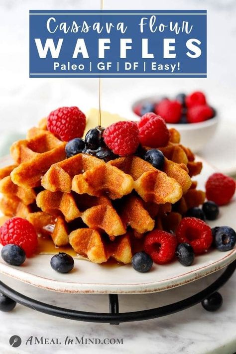 These easy paleo cassava flour Belgian waffles are crispy on the outside but fluffy and elastic on the inside. They're grain-free and vegan, and their mild flavor goes equally well with sweet or savory toppings. A great gluten-free recipe for weekend mornings! | A Meal In Mind @amealinmind #amealinmind |Easy Paleo Waffles | Gluten-Free Waffles | Grain-Free Breakfast | #waffles #cassavaflour Cassava Flour Waffles, Paleo Sweet Potato Breakfast, Coconut Milk Pancakes, Paleo Waffles, Grain Free Breakfast, Healthy Gluten Free Breakfast, Baked Breakfast Recipes, Savory Waffles, Gluten Free Waffles