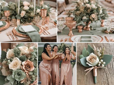 If you are looking for ideas to create your wedding color palette, then check out these beautiful rose gold and sage green wedding color ideas to inspire you! Rose Gold And Green Wedding Theme, Rose Gold And Sage Green Wedding, Gold And Sage Green Wedding, Sage Green And Champagne Wedding, Peach And Green Wedding, Cream Wedding Colors, Sage Green Wedding Colors, Green Gold Weddings, Gray Wedding Colors