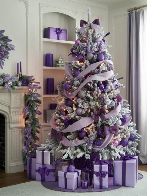 Purple And Pink Christmas Tree, Purple Themed Christmas Tree, Purple And Silver Christmas Tree Ideas, Birthday Tree Ideas, Christmas Purple Aesthetic, Purple Christmas Tree Ideas, Christmas Tree Ideas Green, Pink And Purple Christmas Tree, Purple Christmas Aesthetic