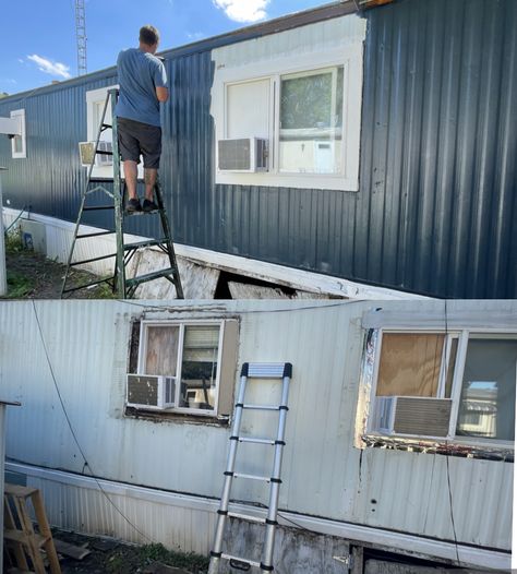 How To Paint A Mobile Home Exterior, Diy Single Wide Trailer Remodel, Paint Mobile Home Exterior, Exterior Trailer Remodel Mobile Homes, Metal Siding Mobile Home, Painted Mobile Home Exterior, Mobil Home Exterior Paint Ideas, Metal Mobile Home Exterior Remodel, Mobile Home Outside Remodel