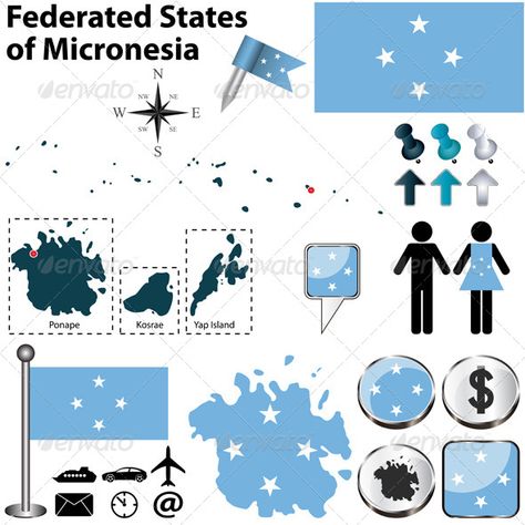 Map of Federated States of Micronesia #GraphicRiver Vector of Federated States of Micronesia set with detailed country shape with region borders, flags and icons. Package contains: EPS (10 version), JPG (5000×5000 pixels, RGB). Micronesia Flag, Midway Islands, Wake Island, Travel Vector, World Thinking Day, Flag Icon, Federated States Of Micronesia, Graphic Designer Portfolio, Easter Island