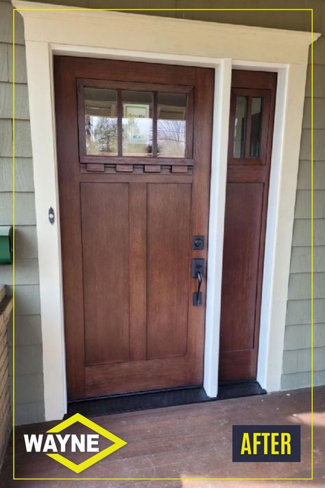 Check out the before and after of this entry door. This beautiful ProVia 420 Style Signet Fir Fiberglass Entry Door with Dentil Shelf was installed by our team at Wayne. 
Stain Color: Truffle Dentil Shelf Front Door, Entry Door With Windows, Provia Doors Front Entry, Provia Doors, Entry Door Styles, Sage House, Fiberglass Entry Doors, When One Door Closes, Fiberglass Door