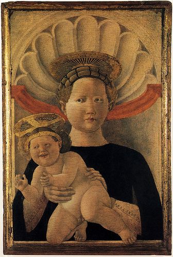 Uccello.Madonna and child.c.1437-1440.[NG.Ireland]  #TuscanyAgriturismoGiratola Medieval Baby, National Gallery Of Ireland, Blue Veil, Medieval Paintings, Jan Van Eyck, Principles Of Art, Italian Painters, Madonna And Child, European Art