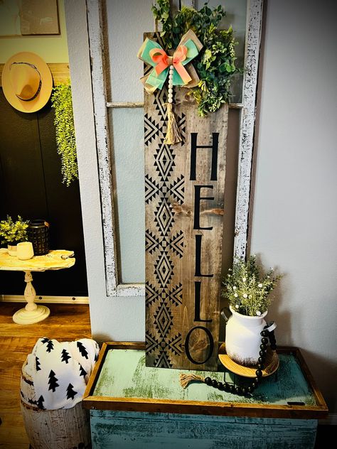 Aztec Welcome Sign | Rustic Farmhouse Welcome Porch Sign by GigersGiftsLLC on Etsy Summer Porch Signs, Welcome Porch Sign, Vinyl Stencil, Last Five Years, Door Signs Diy, Wooden Welcome Signs, Front Porch Signs, Porch Welcome Sign, Summer Porch