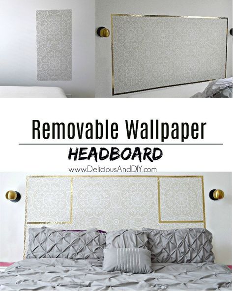 DIY Removable Wallpaper Headboard - Delicious And DIY Fancy Headboard, Diy Headboard Ideas Easy, Renter Friendly Diy, Wallpaper Headboard, Diy Headboard Ideas, Bookshelf Makeover, Rental Home Decor, Headboard Ideas, Modern Bookshelf