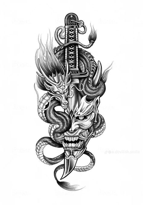 Calf Tattoo Men, Dragon Tattoo Arm, Oni Mask Tattoo, Unique Half Sleeve Tattoos, Oni Tattoo, Tattoo Japanese Style, Dragon Tattoo Art, Tattoos Infinity, Samurai Tattoo Design