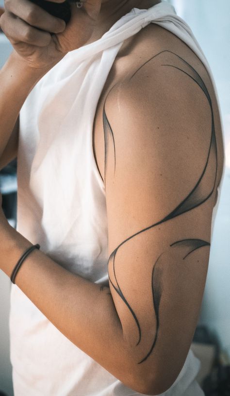 {Latest tattoo  designs and tattoo ideas huge collection of images.} Line Art Shoulder Tattoo, Organic Line Tattoo, Fine Line Abstract Tattoo, Abstract Tattoos For Women, Tattoo Lines Abstract, Line Tattoo Thigh, Solid Line Tattoo, Abstract Shoulder Tattoo, Clear Tattoos