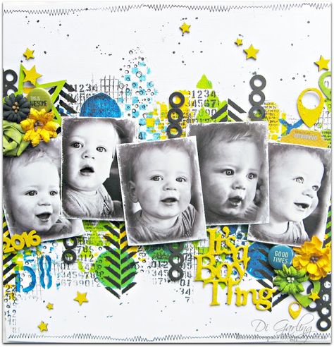 2 Crafty Chipboard : September Inspiration Two Layouts To Share By Di Garling Scrapbook Multiple Photos, Multi Photo Layouts, Mixed Media Scrapbooking Layouts, Baby Boy Scrapbook Layouts, Boy Scrapbook Layouts, Scrapbook Design Layout, Beautiful Scrapbook Layouts, 12x12 Scrapbook Layouts, Baby Scrapbook Pages