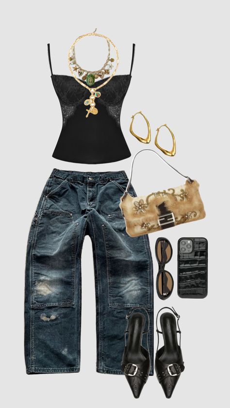 #outfitinspo #outfit #summer #vintage #gold #black #pinterest #shufflefyp Fashion 90s, Outfit Layout, 90's Fashion, Outfit Inspo Casual, Ootd Summer, Jeans Outfit, Mode Inspo, Cute Everyday Outfits, Fashion Streetwear