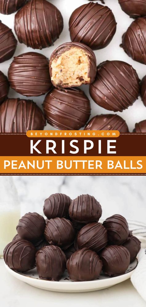 Turn to this recipe using rice krispies cereal for a fun Christmas treat! These peanut butter balls with rice krispies will become your new favorite holiday dessert idea. Covered in dark chocolate, these homemade krispie peanut butter balls are rich and satisfying! Crunchy Peanut Butter Balls Rice Krispies, Pb Rice Krispie Balls, Rice Crispy Buckeye Balls, Chocolate Peanut Butter Balls With Rice Krispies Recipe, Chocolate Peanut Butter Balls With Rice Krispies, Chocolate Peanut Butter Rice Balls, Peanut Butter Crispy Bites, Peanut Butter Christmas Desserts, Rice Krispies Peanut Butter Balls