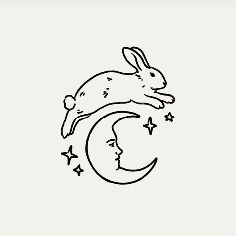 Rabbit Moon Art, Bunny Witch Art, Tattoo Bunny Rabbit, Dark Cottagecore Tattoo Ideas, The Bolter Tattoo, Cartoon Bunny Tattoo, Cartoon Bat Tattoo, Bunny Flash Tattoo, Sleeping Bunny Drawing