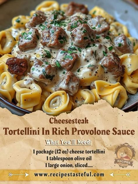 Paula Deen 🍲 | Cheesesteak Tortellini in Rich Provolone Sauce | Facebook Provolone Cheese Sauce, Tortellini Recipes, Cheese Tortellini, Provolone, Beef Steak, Jamie Oliver, Daily Meals, Tortellini, Main Meals