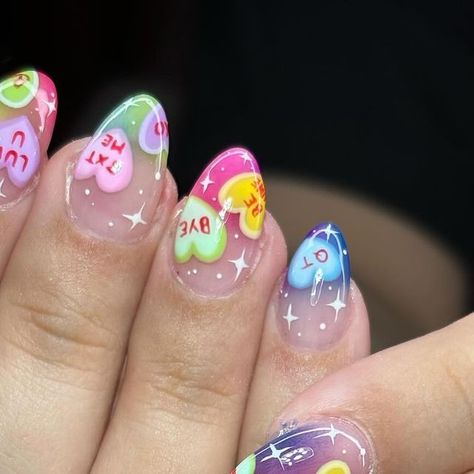 Ivy Anastasia | Nail Artist on Instagram: "Candy Hearts 🍭🌈💜 #handpaintednailart #candyhearts #kawaiinails #polygelnails #dallasnailartist #dallasnailtech #rainbownails Use code IVYGIRL for $$ off at SNA.com! @secret.nail.affair 💗💅✨ Xoxo, Ivy Anastasia 🦋" Sweet Heart Candy Nails, Candy Heart Nail Art, Conversation Hearts Nails, Conversation Heart Nails, Candy Heart Nails, Candy Nails, Heart Nail Art, Polygel Nails, Painted Nail Art