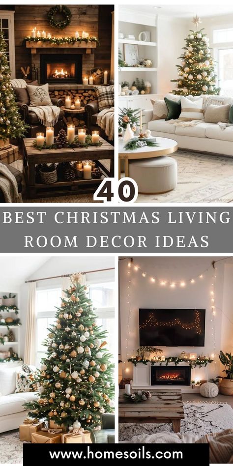 Get inspired with these 40 best Christmas living room decor ideas! From twinkling lights and festive garlands to cozy throws and elegant ornaments, these designs will transform your living space into a warm, magical setting for the holidays. Christmas Front Room Ideas, House Interior Christmas Decor, Living Room Christmas Trees, Rich House Christmas Decor, Christmas Tree Location In Living Room, Christmas For Apartments, Christmas Living Room With Fireplace, Christmas Garland Living Room, Christmas Tree For Gray Living Room