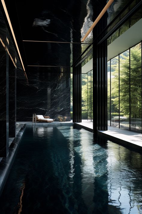 Black Infinity Pool, Dark Pool Aesthetic, Goth Pool, Batman Cave, Storybook Architecture, Black Swimming Pool, Charlie Anderson, Underground Swimming Pool, Swimming Pool Slides