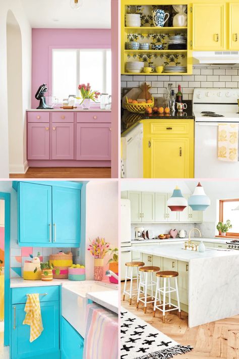 Want to know the hottest colors to paint your kitchen cabinets? We've got the scoop on 38 kitchen paint colors in all different shades. Ready to see? PAINT NAMES INCLUDED! #amberoliver #paintedkitchencabinets #cabinetpaintcolors Fun Kitchen Cabinet Colors, Colors To Paint Kitchen Cabinets, Bright Kitchen Ideas, Colorful Kitchen Cabinets, Bright Kitchen Colors, Diy Kitchen Cabinet Doors, Blue Painted Cabinets, Biggest Kitchen, Big Kitchen Design