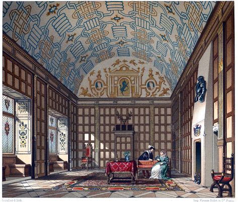 Reception hall of Boughton-Malherbe, County of Kent at the time of Elisabeth 1573. English Renaissance. Tudor period. The post Elizabethan England 16th century. Reception hall of a noble house. appeared first on World4. Elizabethan England, Elizabethan Architecture, Elizabethan Aesthetic, 16th Century Architecture, 17th Century Art, Luxor Egypt, Large Picture Frames, Noble House, Picture Library