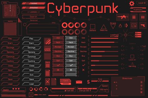 Set of UI and HUD game ready elements in digital and cyberpunk style. Hud Elements, Cyberpunk Games, Style Cyberpunk, Cyberpunk Rpg, Play Hacks, Ui Design Website, Game Interface, Game Ui Design, Industrial Design Sketch