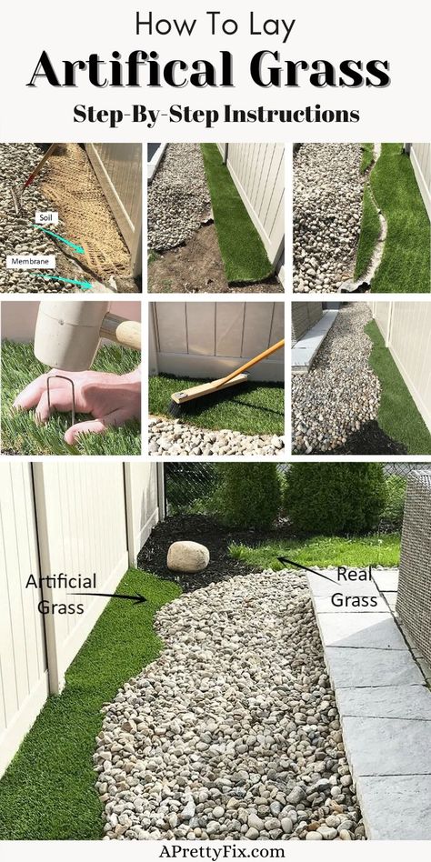 An easy DIY for your backyard or front lawn, lay artificial grass for easy outdoor maintenance. #artificialgrass #diy #howto Small Grass Backyard Ideas, Front Yard Landscaping Ideas With Artificial Turf, How To Regrade Backyard, How To Lay Artificial Grass Lawn, How To Install Fake Grass Outdoor Living, Backyard Landscaping With Turf, Faux Grass Backyard, How To Install Artificial Grass Lawn, Fake Grass Front Yard Ideas