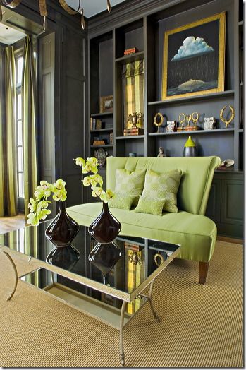 Amy Howard (via Cote de Texas).  Narrow shelves (built in) and the gray and green make this room! Dark Grey Walls, Green Furniture, Design Salon, Library Ideas, Decoration Inspiration, A Living Room, Grey Walls, Home Fashion, Home Decor Accessories