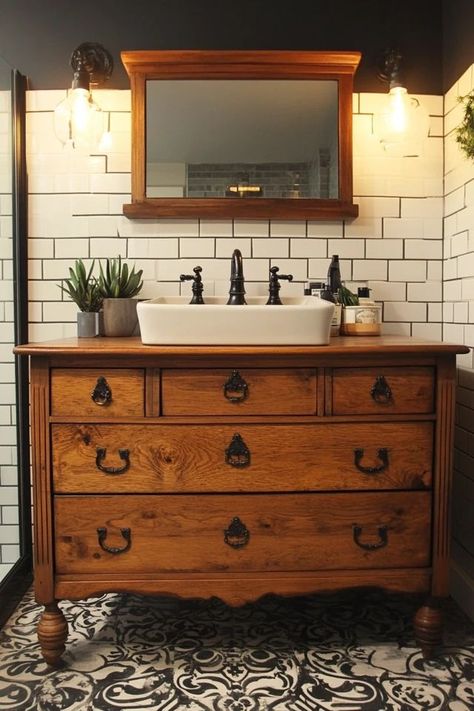 "Turn an old dresser into a Custom Bathroom Vanity for a stylish update! 🛠️🚿 Ideal for a rustic, farmhouse feel. #DIYVanity #RepurposeProjects #FarmhouseBathroom" Wooden Bathroom Vanity Antique, Dresser As Sink Vanity, Bathroom Vanity Old Dresser, Furniture Sinks Bathroom, Diy Bathroom Vanity Dresser, Bathroom With Dresser Vanity, Antique Dry Sink Bathroom Vanity, Dresser As Vanity Bathroom, Bureau Vanity Bathroom