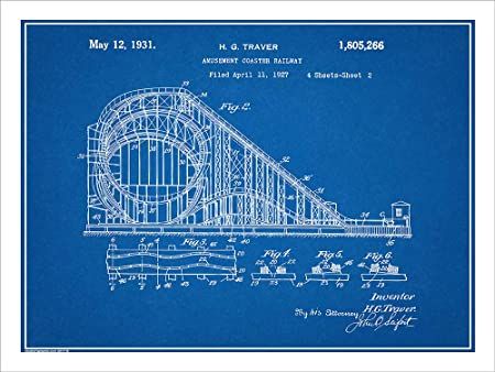 Amazon.com: Studio 21 Graphix 1927 Traver Roller Coaster Patent Print Art Poster UNFRAMED Blueprint 18" X 24": Posters & Prints Roller Coaster Engineering, Rocket Blueprint, Old Blueprint Aesthetic, Nasa Blueprints, Roller Coaster Blueprint, Space Phone Wallpaper, Roller Coaster, Printer, Phone Wallpaper